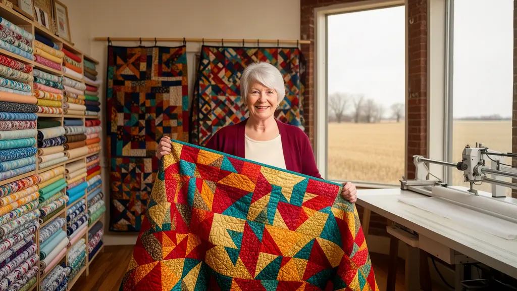 Smiling quilt-shop owner holding up a bright star-pattern patchwork quilt in front of walls of fabric and hanging quilts